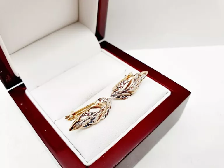 CUDNE ELEGANCKIE ZŁOTE KOLCZYKI LISTKI P585 14CT BIAŁE ŻÓŁTE ZŁOTO 2,33G