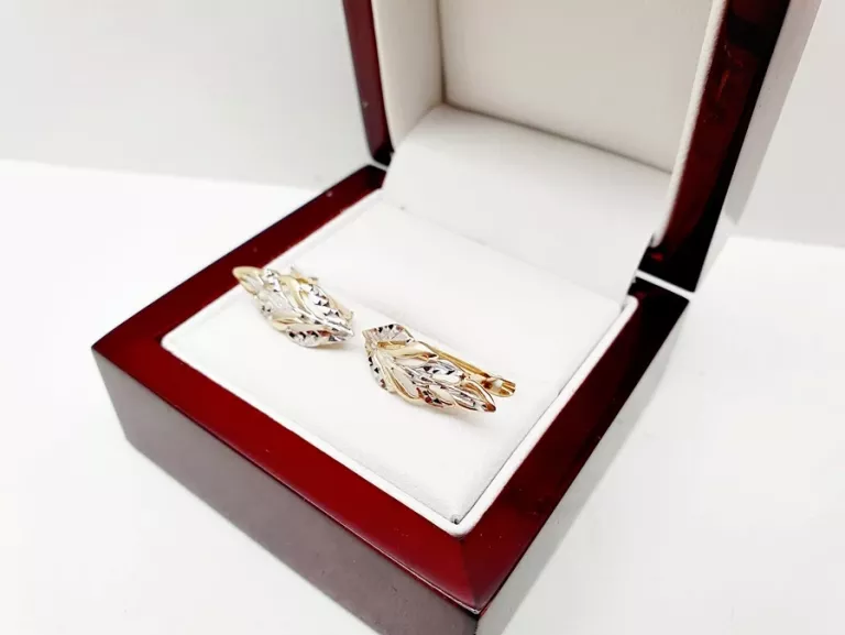 CUDNE ELEGANCKIE ZŁOTE KOLCZYKI LISTKI P585 14CT BIAŁE ŻÓŁTE ZŁOTO 2,33G