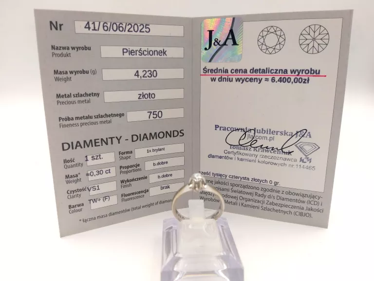 ZŁOTY PIERŚCIONEK Z DIAMENTEM 750 0,30CT 4,23 G R 17