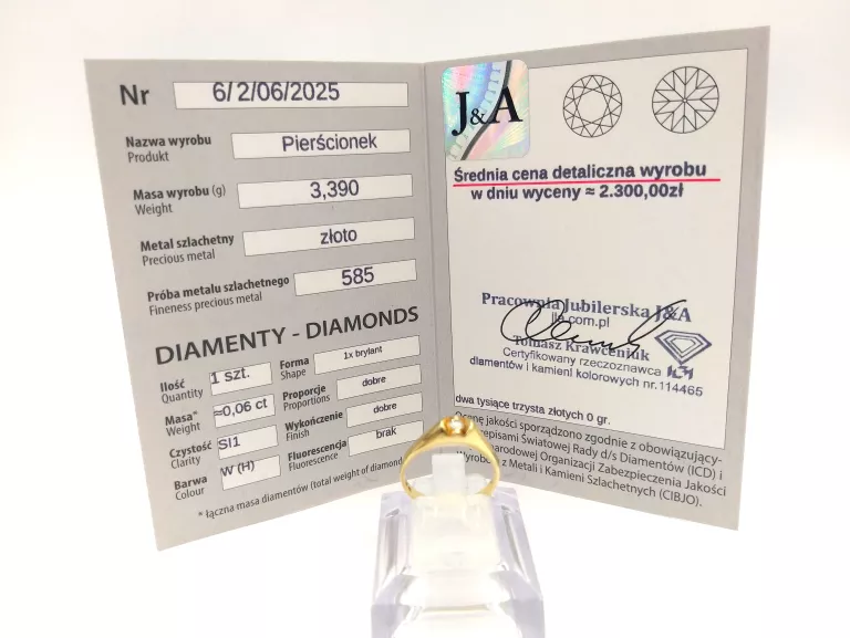 ZŁOTY PIERŚCIONEK Z DIAMENTEM 585 3,39 G 0,06CT R 12