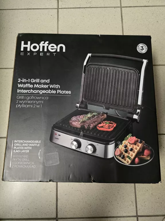 HOFFEN 2W1 GRILL I GOFROWNICA Z WYMIENNYMI PŁYTKAMI 2000W JAK NOWY AK-3459