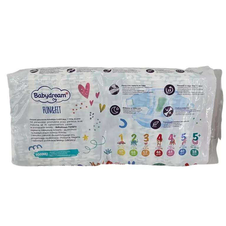 BABYDREAM FUN&FIT PIELUSZKI JEDNORAZOWE MAXI 4, 7-18 KG 46 SZTUK