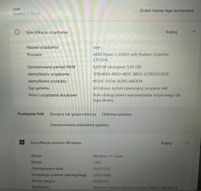 LAPTOP LENOVO IDEAPAD 3 15ALC6|15,6"/AMD RYZEN 5 5500U/8GB RAM/500GB/WIN11
