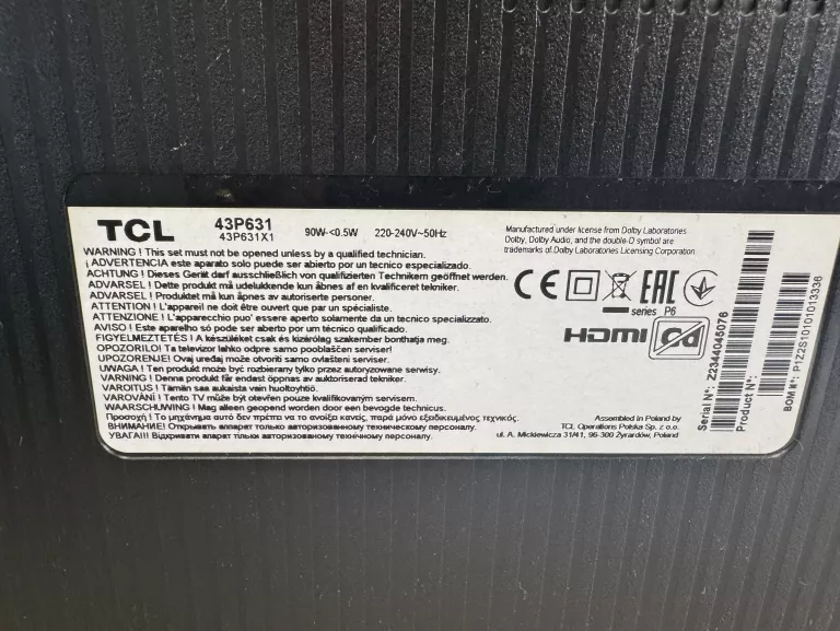 TELEWIZOR TCL 43V6B 43" LED 4K GOOGLE TV HDMI 2.1 DVB-T2 /PUDEŁKO