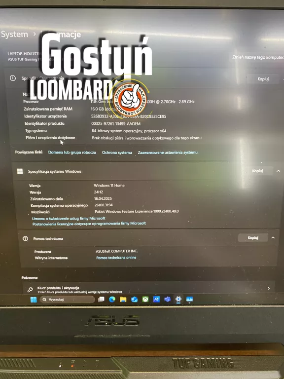 LAPTOP ASUS TUF GAMING F15 16GB 512GB WIN 11 I5 KPL