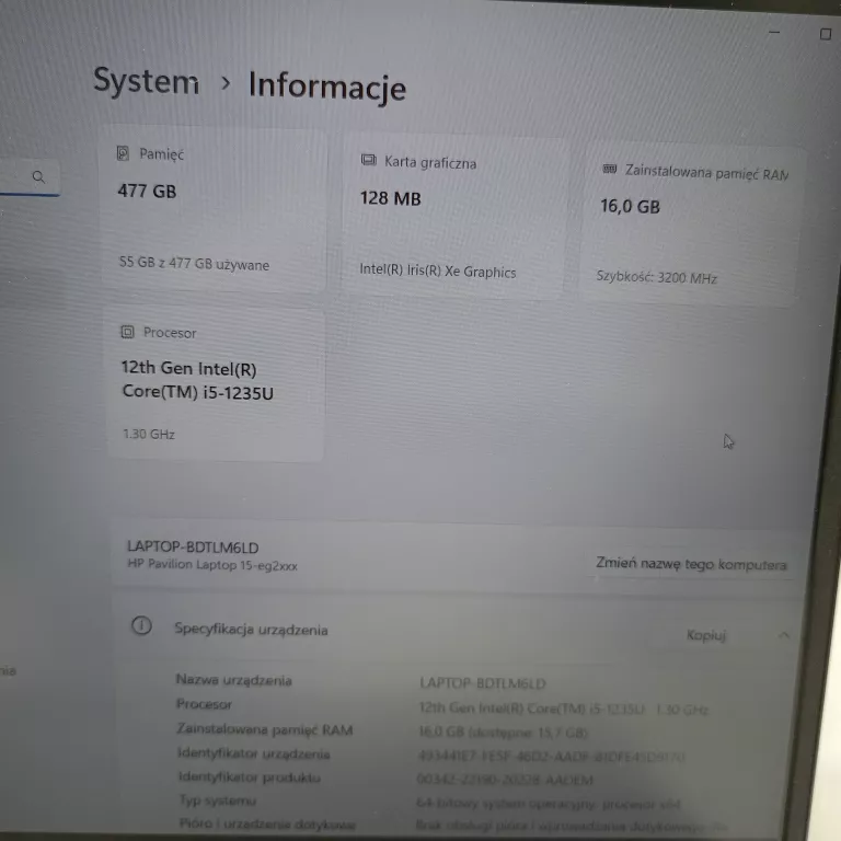 LAPTOP HP PAVILON 15 EG2570 NW I5 1235U 16/512GB