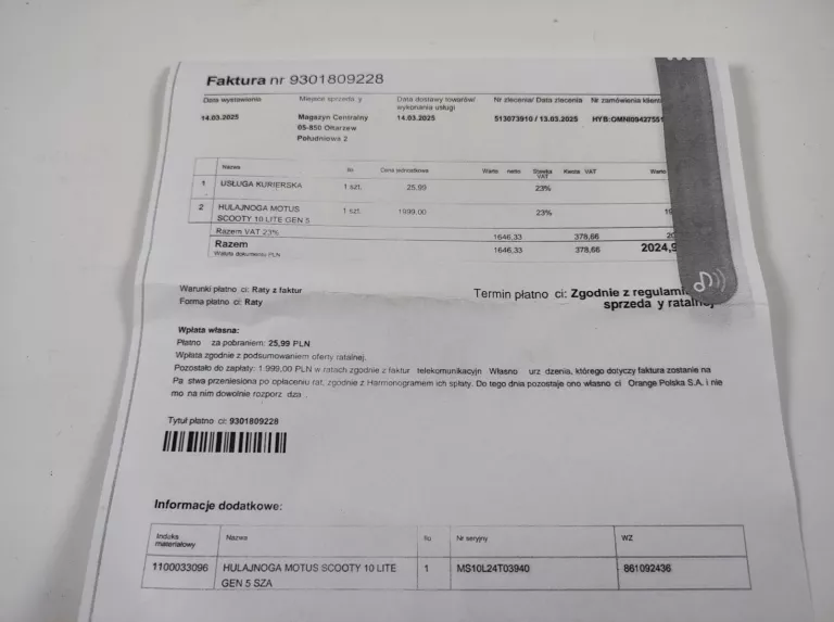 HULAJNOGA MOTUS SCOOTY 10 LITE GEN 5 GWARANCJA ŁADNA KOMPLET