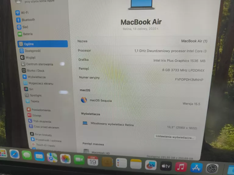 LAPTOP MACBOOK AIR A2179 I3 8/256 *BRAK ŁADOWARKI*