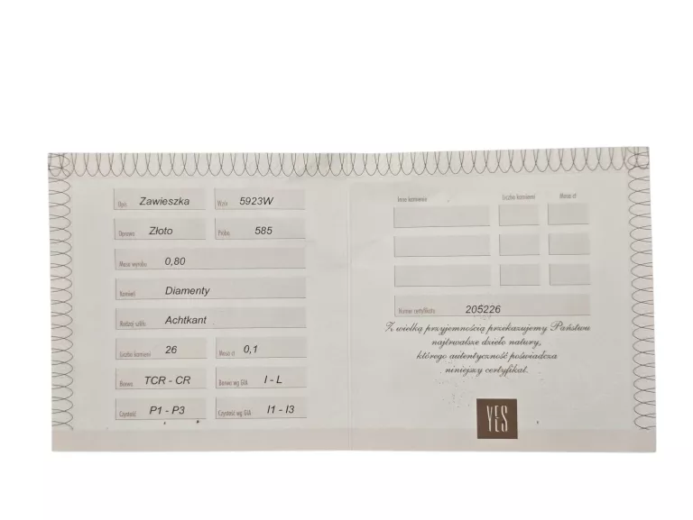 YES ZŁOTA ZAWIESZKA SERCE Z DIAMENTAMI 0,8G 585 26 KAMIENI 0.1CT