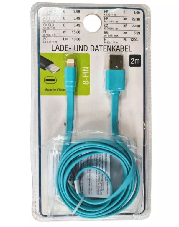 DŁUGI NIEBIESKI KABEL APPLE IPHONE USB DO LIGHTNING 2 METRY