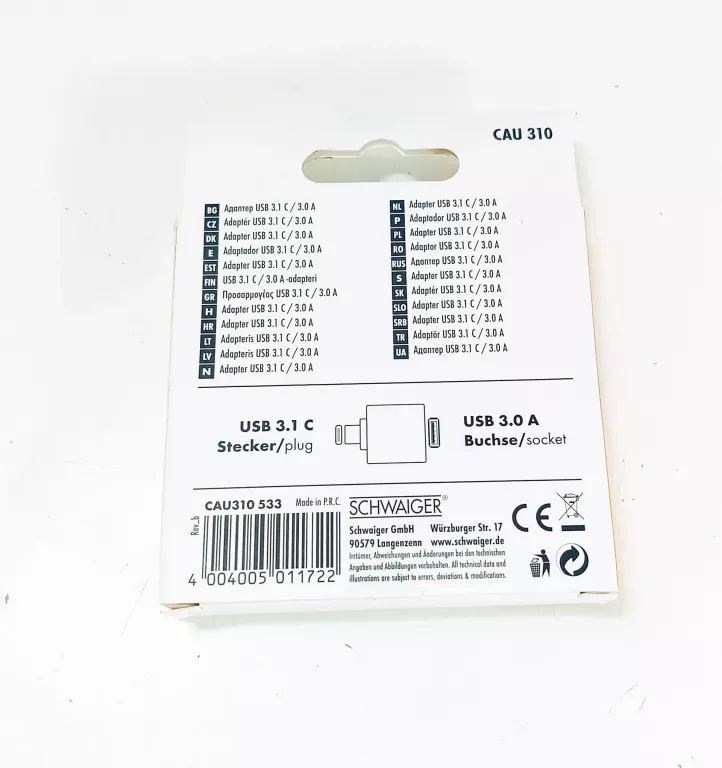 SCHWAIGER CAU310 533 ZMIENIACZ PŁCI / KABLI USB TYPE-C USB TYPU-A