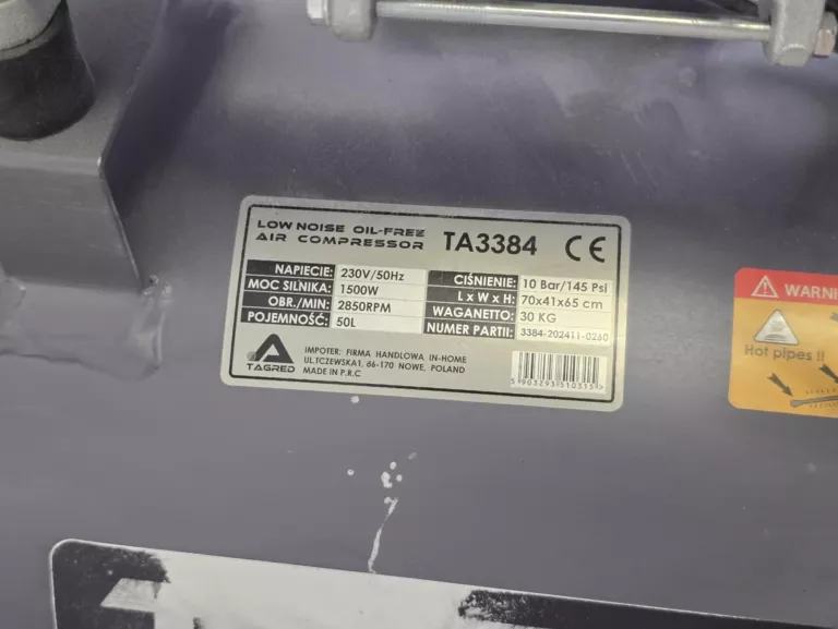 KOMPRESOR BEZOLEJOWY TAGRED TA3384 1500W 50L 10BAR SPRĘŻARKA