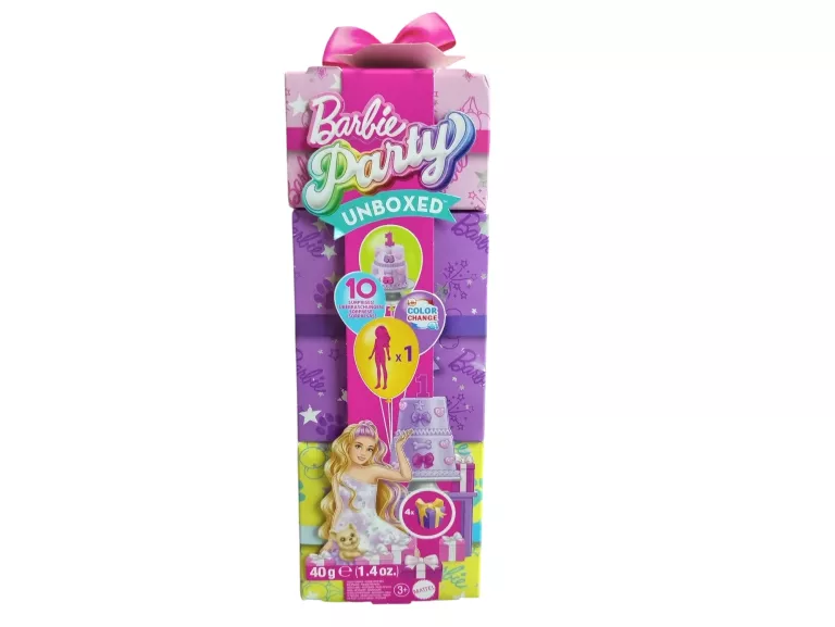 LALKA BARBIE PARTY UNBOXED W ZESTAWIE 10 NIESPODZIANEK #CIEMNOSKÓRA