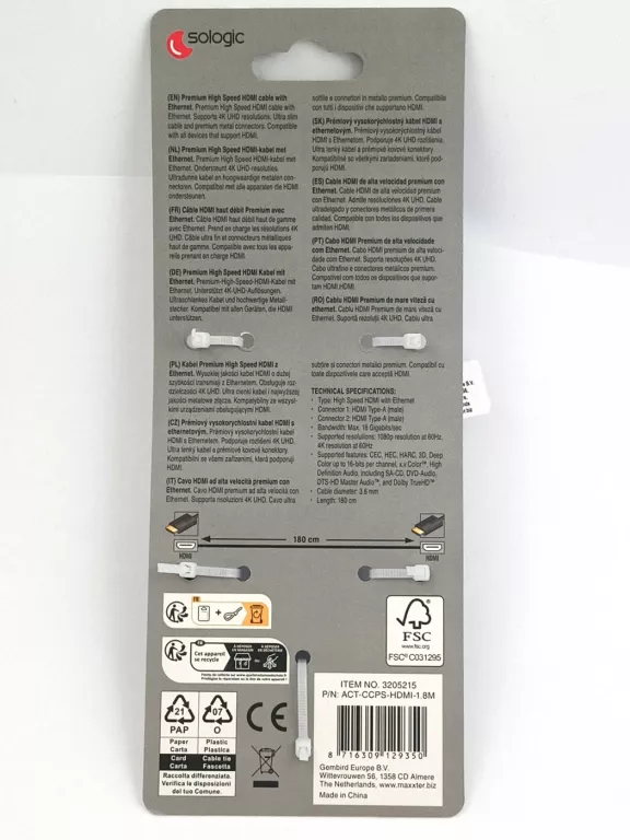 KABEL HDMI SOLOGIC BARDZO CIENKI 180 CM