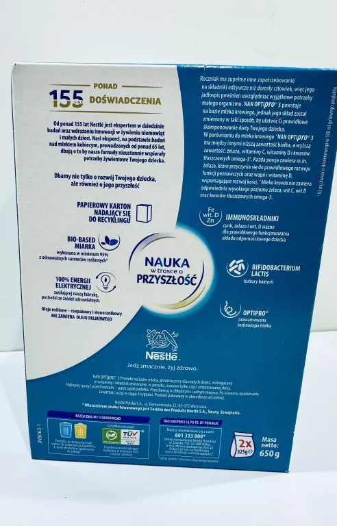 NAN OPTIPRO 3 MLEKO MODYFIKOWANE DLA DZIECI NIEMOWLĄT 650G