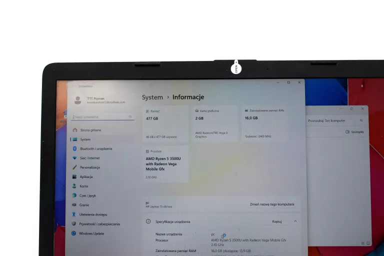 LAPTOP HP 15-DB1067NW RYZEN 5 3500U/16GB RAM/VEGA MOBILE GFX/512GB SSD