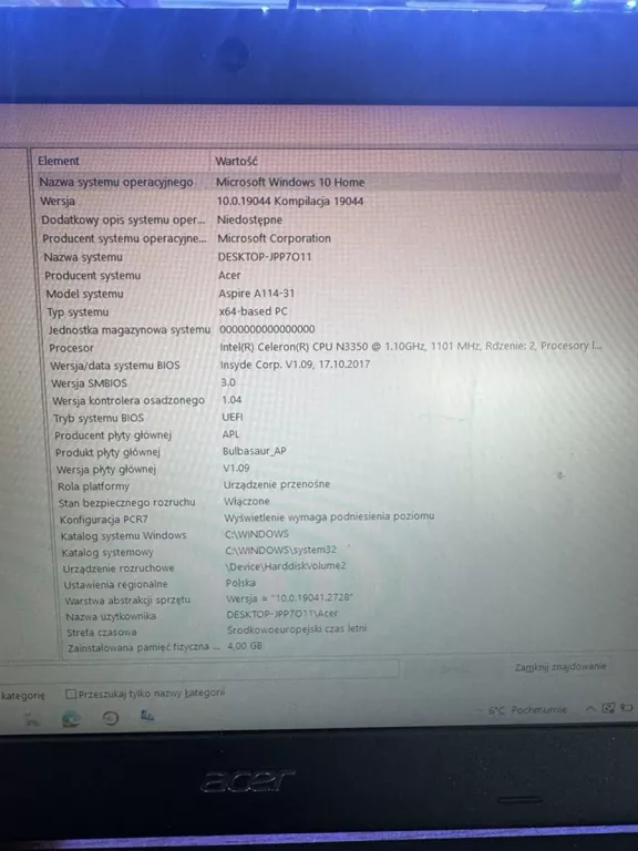 LAPTOP ACER ASPIRE 1 A114-31 N17Q4 4/64GB/WIN 10HOME/INTEL CELERON/GR.ZINT
