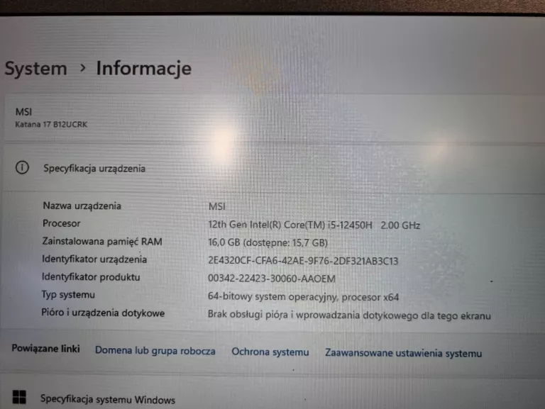 LAPTOP MSI KATANA 17 / I5-12450H / RTX 3050 / 16GB / 512GB - OKAZJA!
