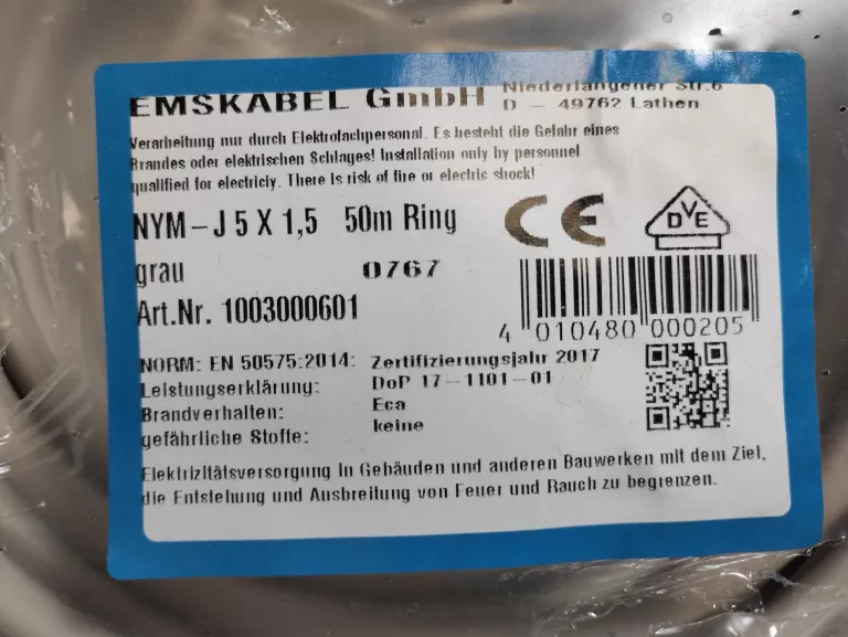 PRZEWÓD ELEKTRYCZNY 5X1.5 50M EMSKABEL OKAZJA!