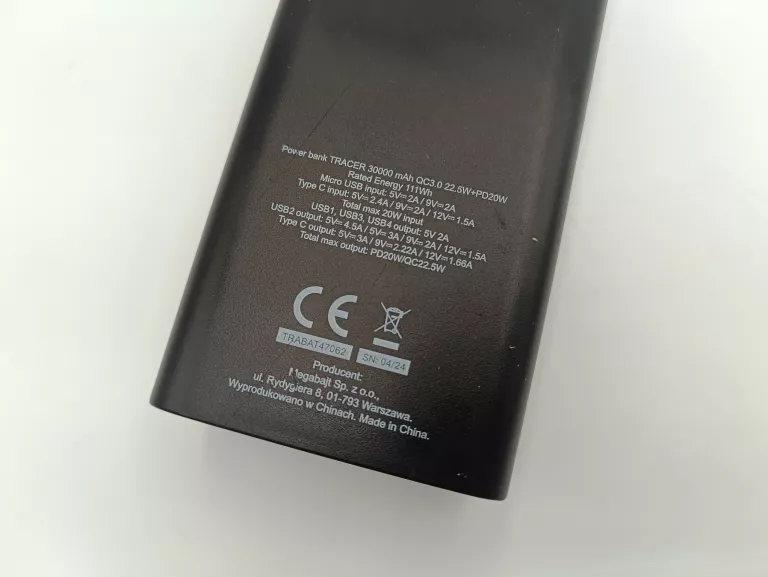 POWERBANK TRACER MODI 30000 MAH QC3.0 + PD + SCP 22.5 CZARNY