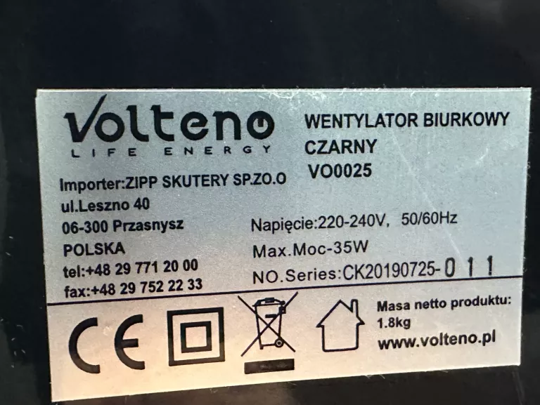 WENTYLATOR BIURKOWY CZARNY VOLTENO VO0025