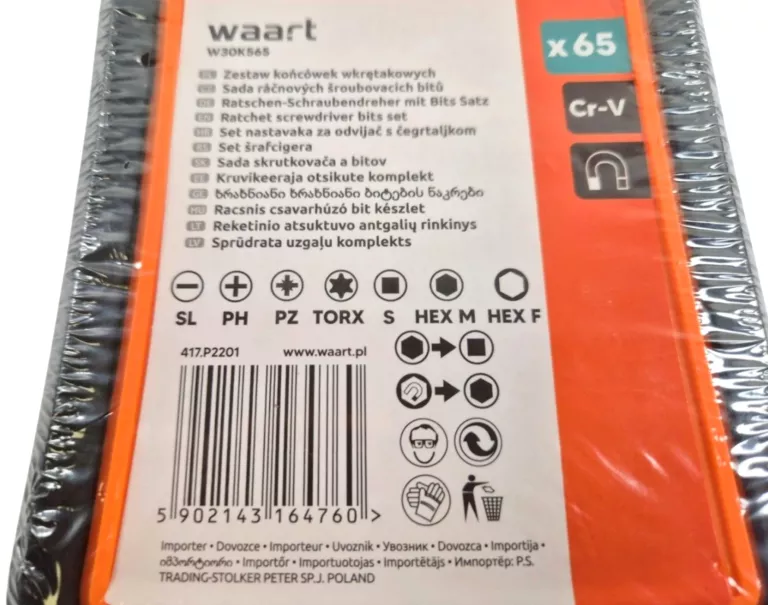 ZESTAW WKRĘTAKÓW Z BITAMI I NASADKAMI 1/4" CRV S2 PH PZ HEX 65 ELEMENTÓW