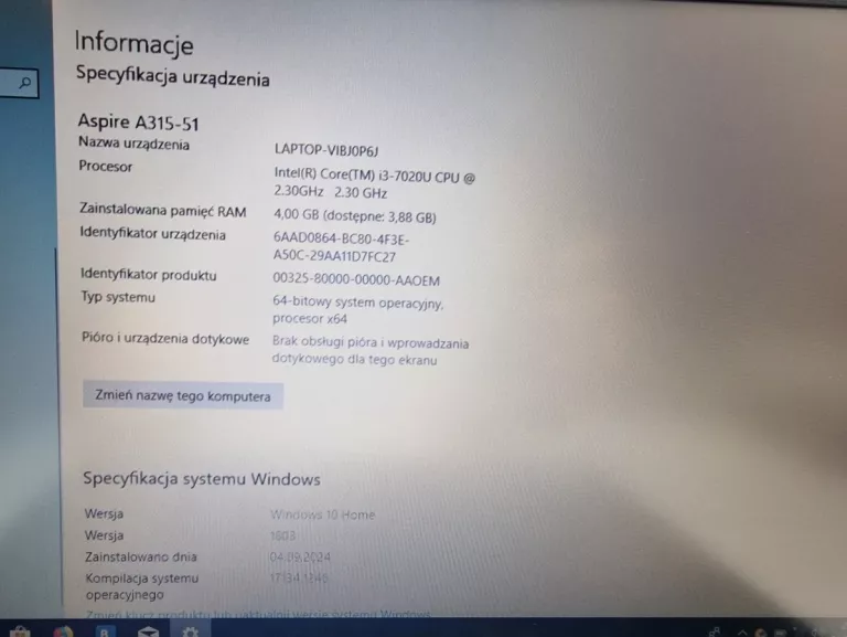 LAPTOP ACER ASPIRE 3 IC-I37020U 4/256GB SSD W10