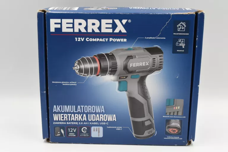 FERREX AKUMULATOROWA WIERTARKA UDAROWA, 12 V