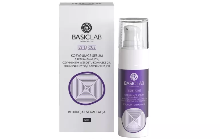 BASICLAB SERUM Z RETINALEM 0,15%, CZYNNIKIEM WZROSTU 2%, FITOSFINGOZYNĄ