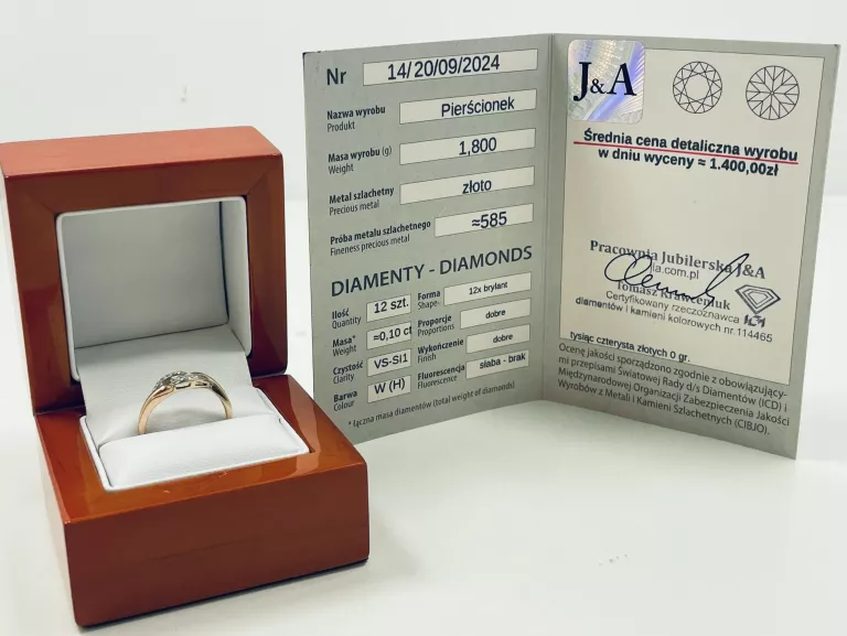 ZŁOTY PIERŚCIONEK DIAMENTY P.585/W.1,80G/R.14