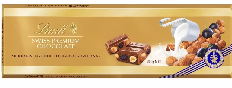 LINDT SWISS CZEKOLADA MLECZNA Z RODZYNKAMI I ORZECHAMI LASKOWYMI 300 G
