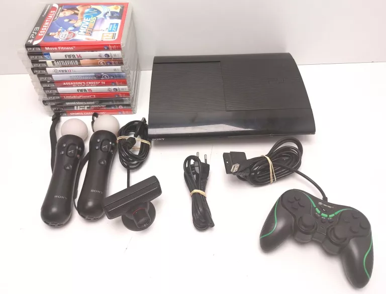 KONSOLA PS3 SUPERSLIM 500GB + PAD, OKABLOWANIE GRY KONTROLERY