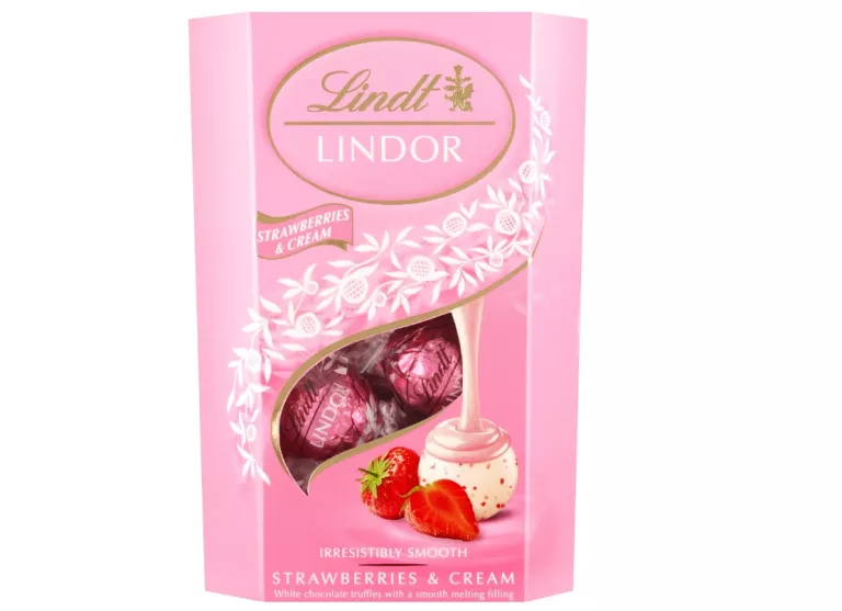LINDT LINDOR PRALINKI Z BIAŁEJ CZEKOLADY Z KAWAŁKAMI TRUSKAWEK 200 G