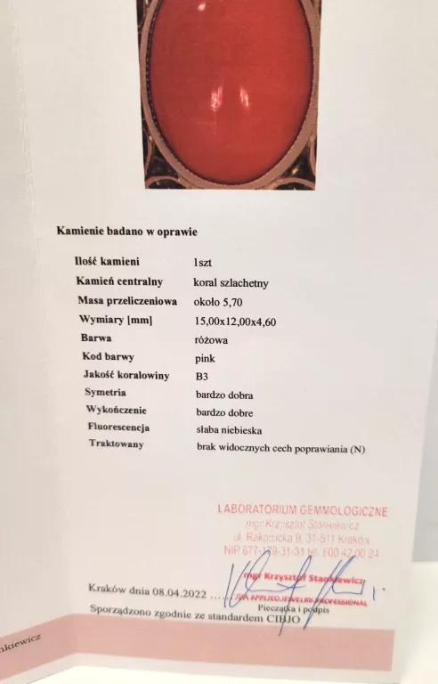 ZŁOTY UŻYWANY PIERŚCIONEK Z KORALEM 585/14K 7,33G R.15 CERTYFIKAT
