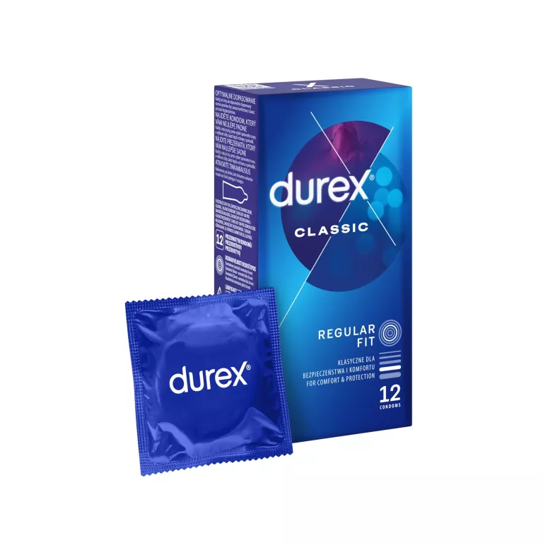 PREZERWATYWY DOPASOWANE DUREX CLASSIC REGULAR KLASYCZNE NAWILŻANE 12 SZTUK