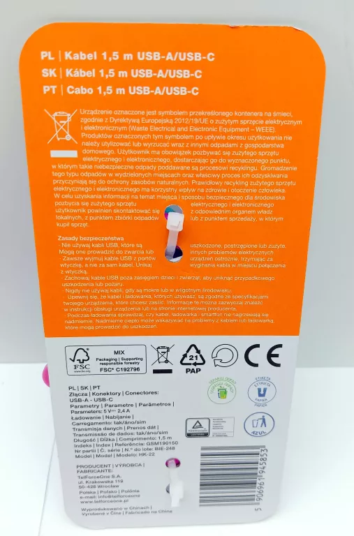KABEL USB -A/USB-C HYKKER 1,5M KOLOROWY