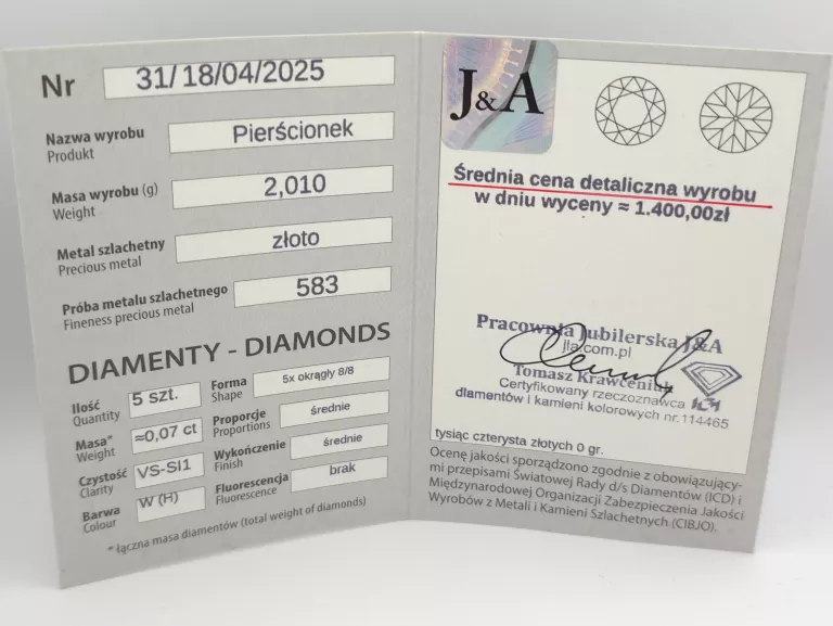 ZŁOTY PIERŚCIONEK Z DIAMENTAMI 0,07CT - 583 R.11 2,01G CERT