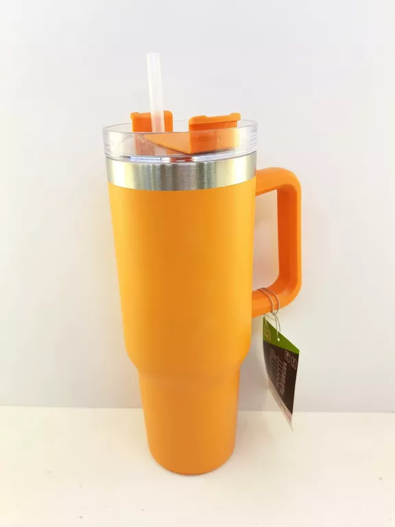 KUBEK TERMICZNY ZE SŁOMKĄ POMARAŃCZOWY 1100ML