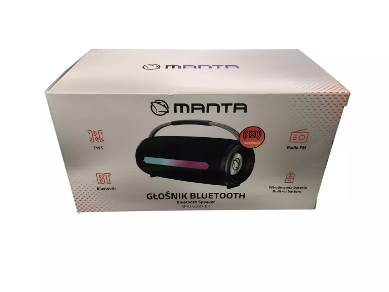 GŁOŚNIK BLUETOOTH PRZENOŚNY BEZPRZEWODOWY MANTA SPK140GO-BK SUPERBASS RADI