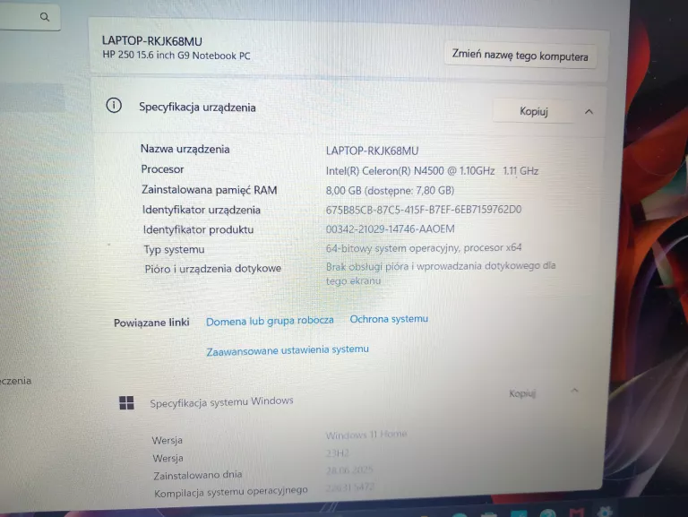 SZYBKI LAPTOP HP 250 G9 8GB RAM 256SSD ICN4500 + ŁAD