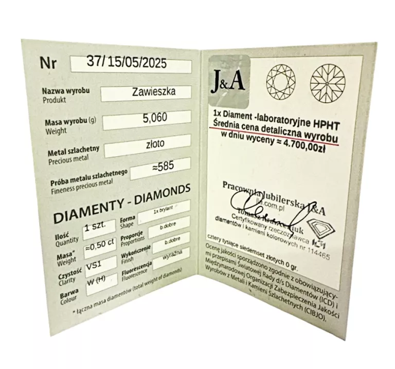 ZŁOTA ZAWIESZKA 585 Z DIAMENTEM / 5,06 G