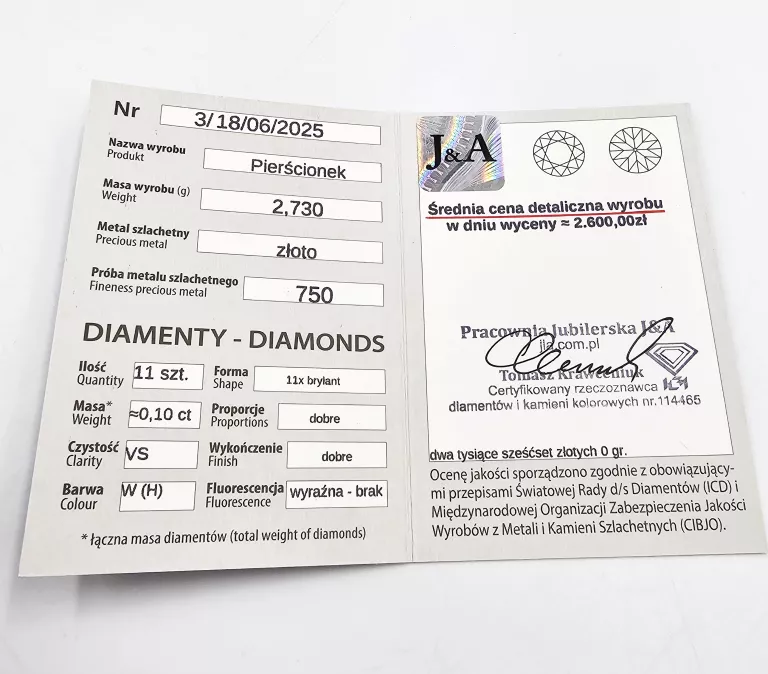 PIERŚCIONEK Z BIAŁEGO ZŁOTA Z DIAMENTAMI 2,73GR, P.750 + CERTYFIKAT
