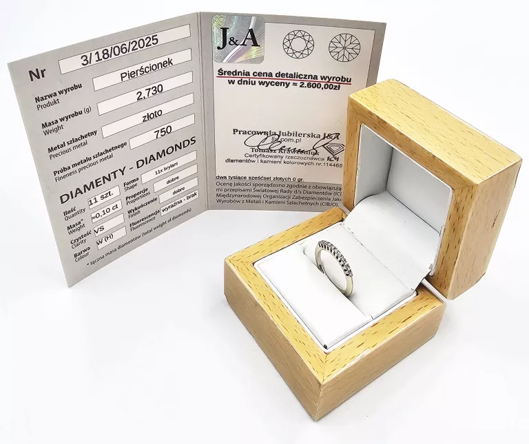 PIERŚCIONEK Z BIAŁEGO ZŁOTA Z DIAMENTAMI 2,73GR, P.750 + CERTYFIKAT