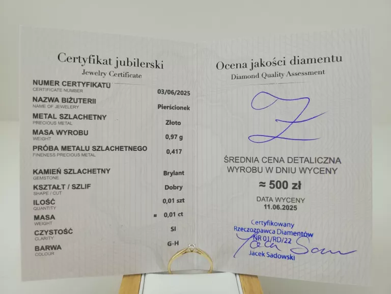 ZŁOTY PIERŚCIONEK Z BRYLANTEM 0,01CT PR375 0,97G R17