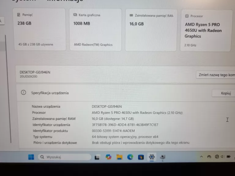 LENOVO THINKPAD T14 GEN1 RYZEN5 PRO 16/256GB