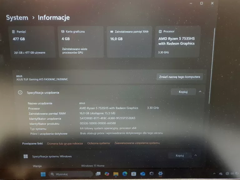LAPTOP ASUS TUF GAMING A15 FA506NC R5-7535HS/16GB/512 SSD/WIN11