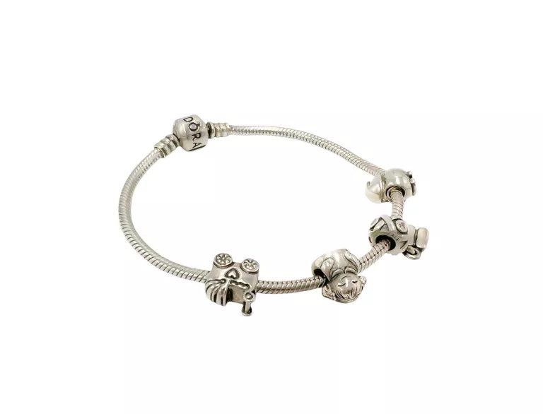 BRANSOLETKA SREBRNA PANDORA 19 CM + 4 CHARMS 29,7G