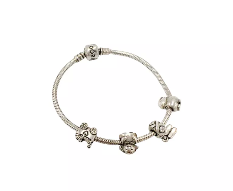 BRANSOLETKA SREBRNA PANDORA 19 CM + 4 CHARMS 29,7G