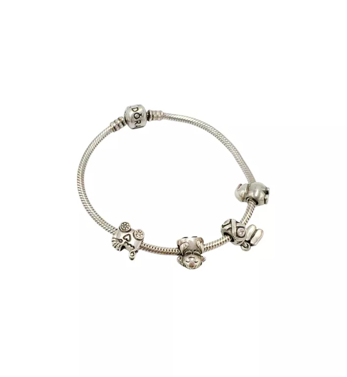 BRANSOLETKA SREBRNA PANDORA 19 CM + 4 CHARMS 29,7G