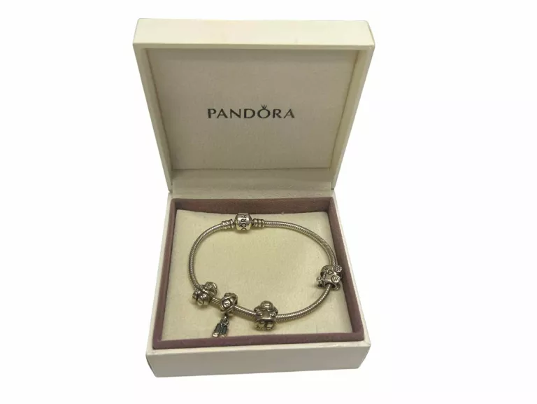 BRANSOLETKA SREBRNA PANDORA 19 CM + 4 CHARMS 29,7G
